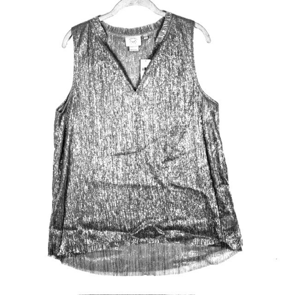 Vanessa Virginia Anthropologie Silver metallic VNeck Sleeveless Blouse Large NWT